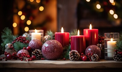 Christmas New Year cozy decor red toned with candles 