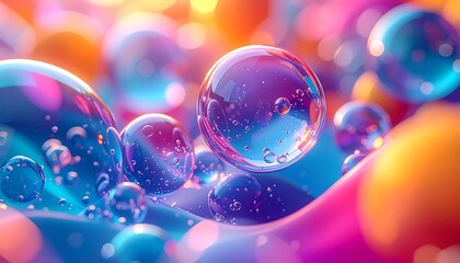 A vibrant, abstract artwork features glowing, transparent orbs and liquid shapes in shades of blue, pink, purple, and yellow, creating a dreamlike composition