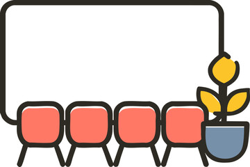 a graphic design featuring four chairs arranged in a row against a white background