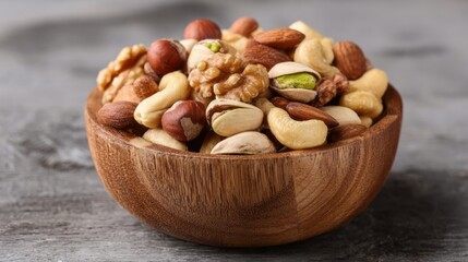 A wooden bowl filled with a colorful assortment of nuts, including almonds, cashews, walnuts, and pistachios, sits on a rustic table, perfect for enjoying nutritious snacking moments.