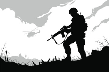 Soldier with rifle stands guard in a war torn landscape with helicopter overhead silhouette