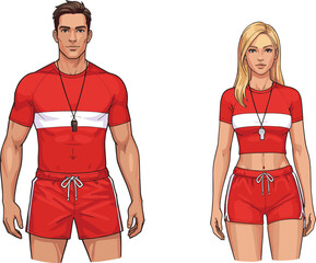 Cartoon lifeguards, male and female, red uniforms, beach safety, whistle, rescue team, summer season, ocean protection, swimming safety, coastal guard illustration