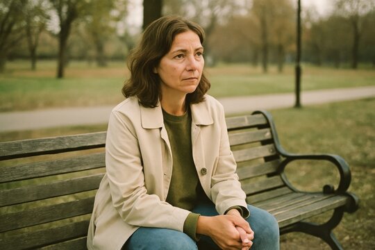 Pensive woman sitting bench
