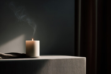 soft light illuminates bright candle placed against clean gray backdrop creating calming ambiance