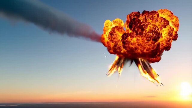Military aircraft experiencing catastrophic explosion during challenging mission, silhouetted against dramatic sunset sky, generating massive fire and billowing smoke