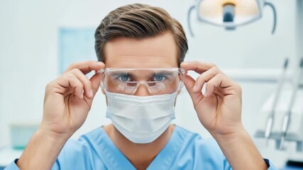 Dentist adjusting protective eyewear in a dental office for patient care - Powered by Adobe