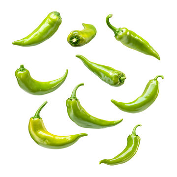 A collection of fresh green chili peppers arranged in a scattered pattern isolated on transparent background