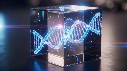 Captivating digital DNA helix glowing within a futuristic metallic cube, representing innovation and scientific discovery.