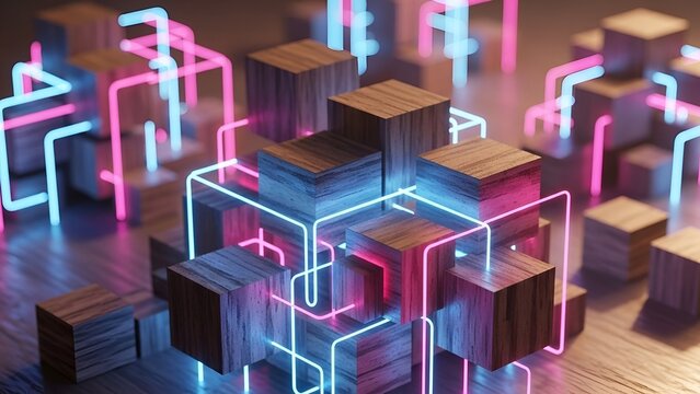 Abstract geometric network of glowing neon lines connecting wooden cubes in a futuristic digital landscape - Powered by Adobe