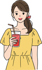 Cartoon woman drinking beverage, summer yellow dress, red ribbon hair, smiling character, refreshing drink, cheerful mood, casual lifestyle, happy outdoor leisure illustration