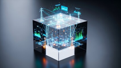 Dynamic digital grid visualization with glowing city infrastructure and data analytics displays, showcasing futuristic energy networks