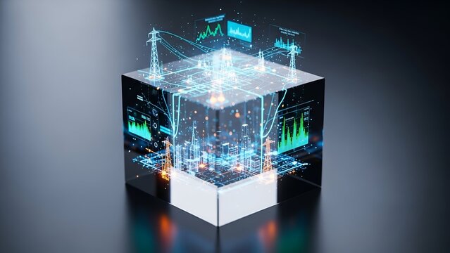 Dynamic digital grid visualization with glowing city infrastructure and data analytics displays, showcasing futuristic energy networks