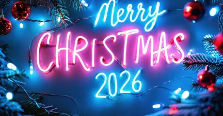 Bright neon sign displays Merry Christmas 2026. Festive decorations include ornaments, pine branches, glowing lights. Background is dark blue.