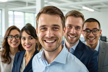 Obraz premium A man in a blue shirt stands in front, smiling, with a diverse group of professionals in business attire behind him, all smiling and looking at the camera, in a bright and modern office setting.