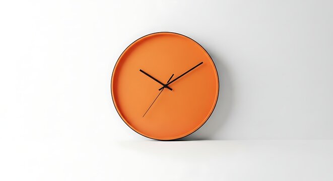 Orange wall clock on white background showing the time