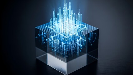 Digital hologram of futuristic city skyline inside glass cube
