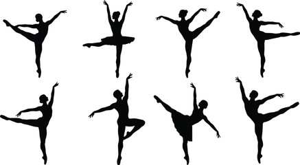 Ballet dancer silhouette set, elegant poses, classical movement, graceful form, black vector, dance illustration, white background
