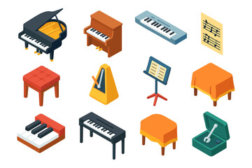 Isometric musical instruments set with piano, metronome, and keyboard elements