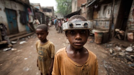 A young boy with futuristic headgear stands in a poverty stricken urban environment with another child
