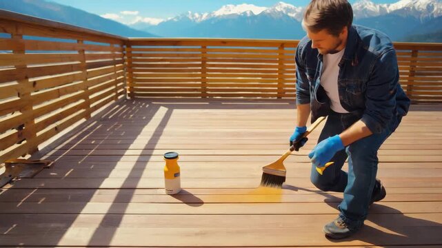 Man kneeling on a new outdoor wooden deck applying protective stain with a brush, renovating a home terrace while enjoying a sunny mountain view and blue sky background