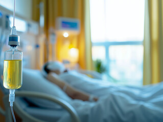 Patient lying in hospital bed with IV drip in foreground