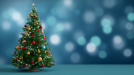 3D rendering of a Christmas tree on blue bokeh background. Festive holiday decoration with copy space for text.