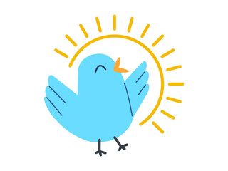 Blue bird with radiant sun icon in happy pose. Clipart image isolated on background.