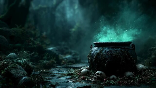 Mystical cauldron emitting green smoke in dark forest. Halloween spooky scene. Magical potion brewing in witch's pot. Eerie atmosphere for fantasy or horror concept.