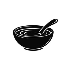 Simple black silhouette of a bowl of soup with a spoon