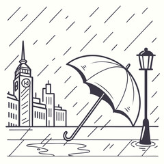 Fototapeta premium Vector art of a black and white line art illustration of a rainy city scene with an umbrella, street lamp, and buildings the rain is depicted with diagonal lines, and the umbrella is open