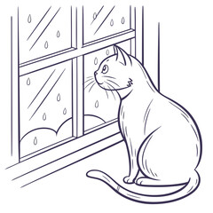 Vector art of a charming black and white line drawing depicts a cat gazing out a window on a rainy day, capturing a moment of quiet contemplation and the simple beauty of natures elements