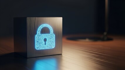  Futuristic digital cube with glowing holographic padlock symbol representing cybersecurity and data protection
