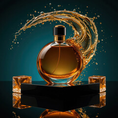 Luxurious amber perfume bottle with copper cap, dramatic water splash, golden reflections, ice accents, teal backdrop