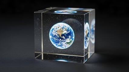 Futuristic 3D glass cube with Earth hologram inside, symbolizing global technology and digital innovation
