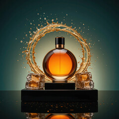 Luxurious amber perfume bottle with copper cap, dramatic water splash, golden reflections, ice accents, teal backdrop