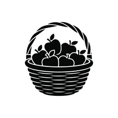 Black and white illustration of a woven basket filled with apples