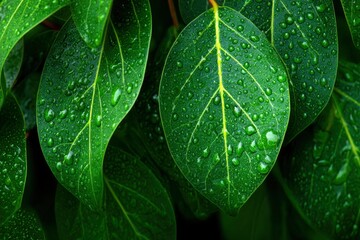 Closeup of lush green leaves covered in water droplets with prominent yellow veins