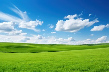 Fototapeta premium Verdant rolling hills under bright blue sky with fluffy clouds green meadows