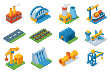 Isometric industrial and transportation icons set featuring factories, bridges, and vehicles