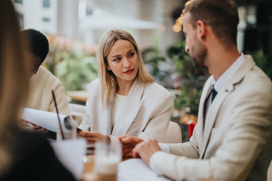 Group of people discussing ideas and plans outdoors, embodying teamwork and collaboration in a modern context. Focused individuals engaging in productive dialogue amidst a stylish outdoor setting.