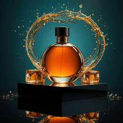 Luxurious amber perfume bottle with copper cap, dramatic water splash, golden reflections, ice accents, teal backdrop