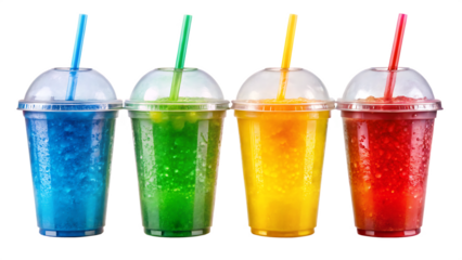 Four Assorted Color Slushy Drinks in Clear Plastic Cups with Straws beverage frozen isolated on a transparent background