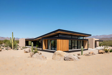 Fototapeta premium Modern desert home with clean lines and expansive glass walls blends seamlessly with arid landscape