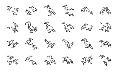 Bird Icons Collection – Flying Birds, Bird Footprints, Feather, Love Birds, Bird Cage, Nest with Eggs, Flock of Birds, and Parrot Outline Line Art on White Background