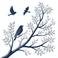 Vector art of elegant line art illustration of birds perched on and flying around a tree branch with leaves, creating a serene and natural scene