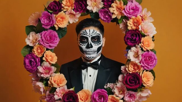 Young man in tuxedo with skull face paint posing inside a vibrant floral wreath, elegant catr&iacute;n portrait celebrating dia de los muertos, marigolds and festive colors