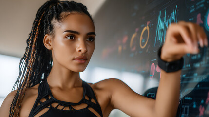 A woman interacts with a digital display showing data visualizations and mathematical equations in a modern tech environment.