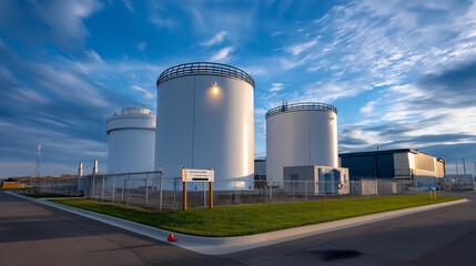Large cylindrical nuclear fuel storage tanks in a secured industrial facility.