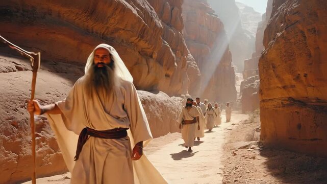 Moses, a biblical prophet, is leading a group of people, dressed in ancient robes, through a narrow desert canyon with towering rock formations and a beam of sunlight