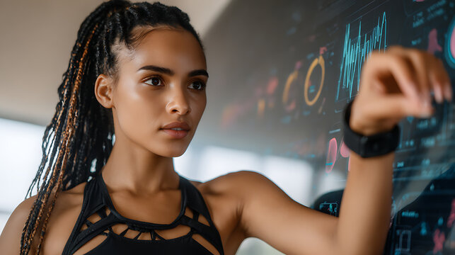 A woman interacts with a digital display showing data visualizations and mathematical equations in a modern tech environment.